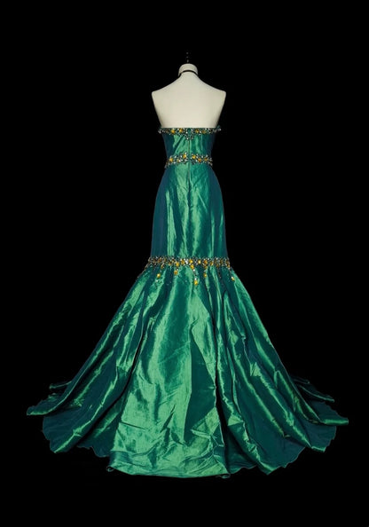 Vintage Meerjungfrauen-Abendkleid aus den 1960er Jahren, dunkelgrün, Satin, ärmellos, lang, formelles Kleid mit Herzausschnitt, N1596