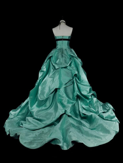 Robe de bal vintage années 1760, bustier vert cœur, plissée en satin, longue robe de bal N1598