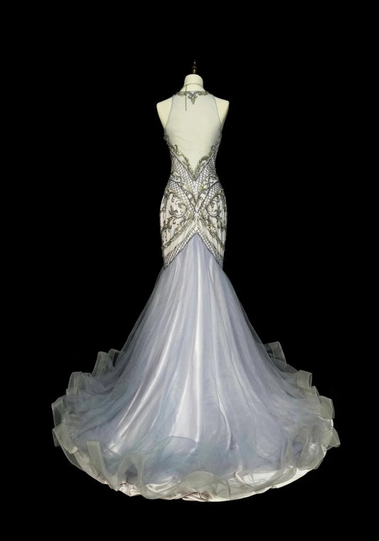 Vintage 1960s Mermaid High Neck Sleeveless Tulle Light Sky Blue Long Prom Formal Dresses N1581