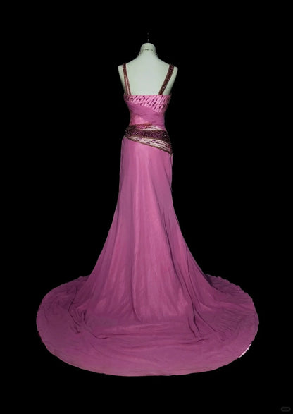 Vintage Meerjungfrauen-Abendkleid aus den 1960er Jahren mit herzförmigem Ausschnitt, Trägern, ärmellos, aus rosa Satin, N1597