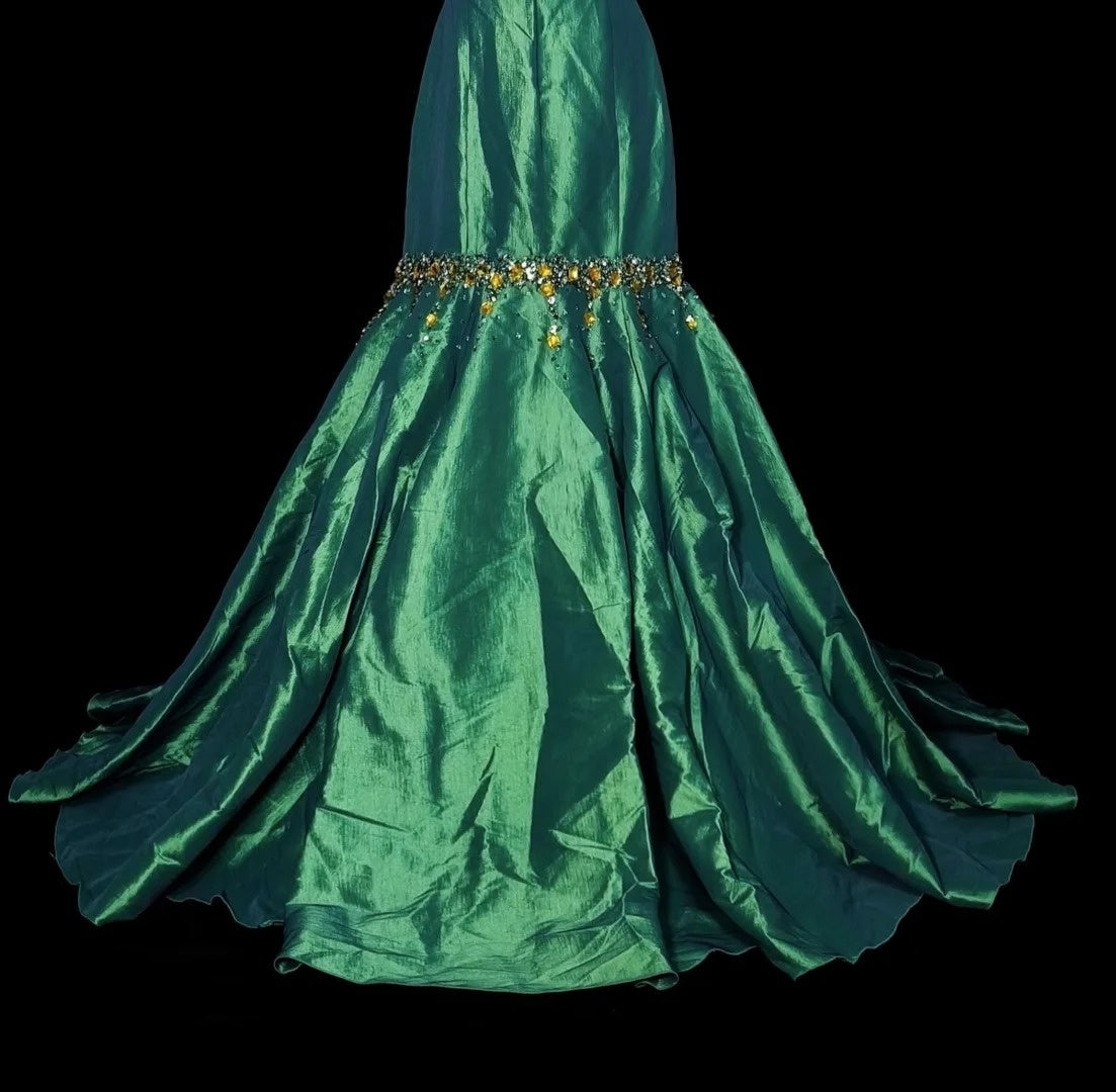 Vintage Meerjungfrauen-Abendkleid aus den 1960er Jahren, dunkelgrün, Satin, ärmellos, lang, formelles Kleid mit Herzausschnitt, N1596