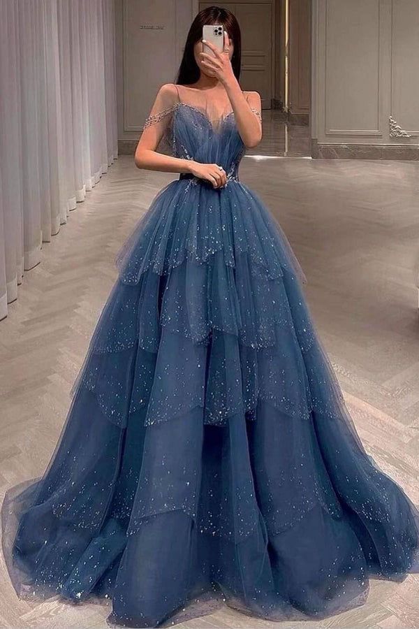 Wunderschönes, staubblaues, glitzerndes Tüll-Abendkleid mit Perlenbesatz, gestuftes Abendkleid mit Strasssteinen, AS161