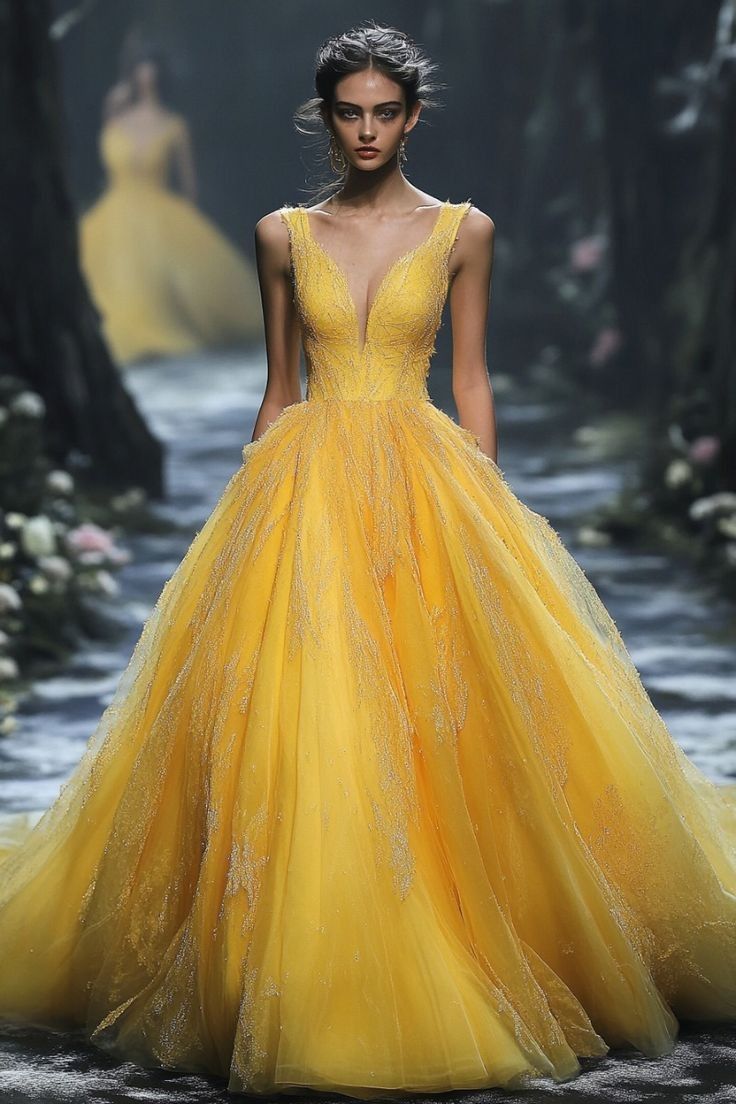 Robe de bal élégante en tulle jaune à col en V, robe de soirée longue et élégante pour femme, robe de bal formelle pour un 16e anniversaire AB1278