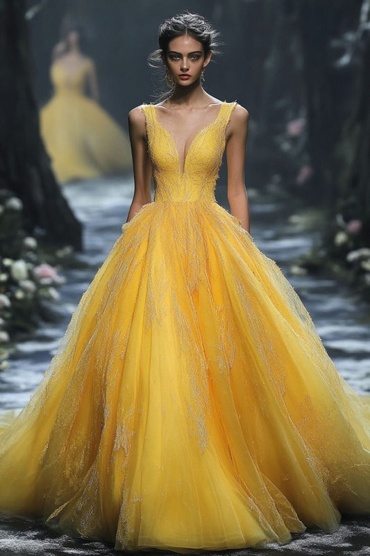 Elegantes Ballkleid mit V-Ausschnitt aus gelbem Tüll, langes formelles Abendkleid für Damen, ideal für Partys und Abschlussbälle, auch als 16. Geburtstagskleid geeignet (AB1278).
