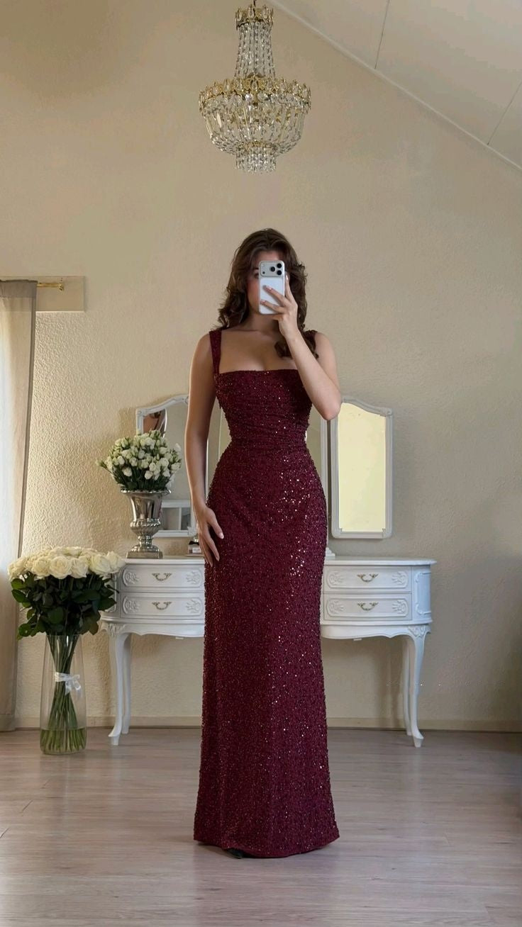 Robe de bal sirène sexy à col carré bordeaux à sequins, longue robe de soirée formelle, robe de mariage N357