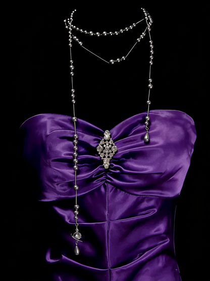 Robe de bal longue de soirée vintage sirène, décolleté cœur, en satin raisin, sans manches, années 80, N1450