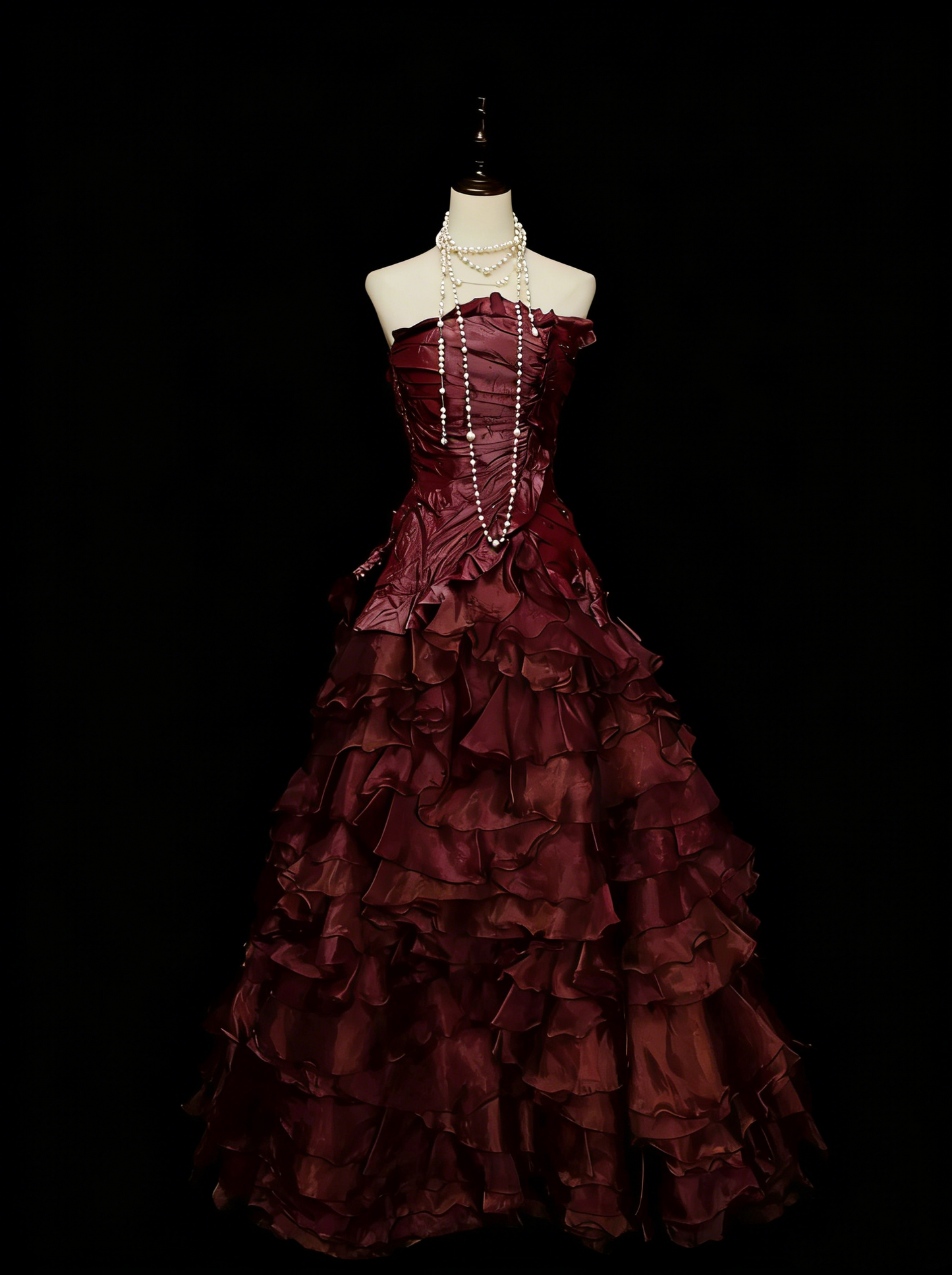 Jolie robe de soirée bustier bordeaux avec volants, longues robes de bal N2141