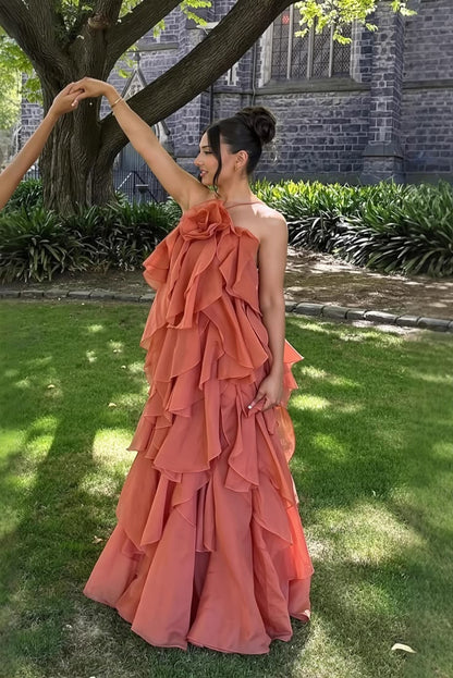 Robe longue de plage à volants pour femme avec fleurs 3D, dos nu, sans manches, coupe slim, maxi, trapèze, pour bal de promo N2352