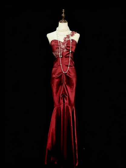 Robe de soirée vintage style sirène asymétrique bordeaux années 80, 70, 90, robe longue de bal de fin d'année N1156