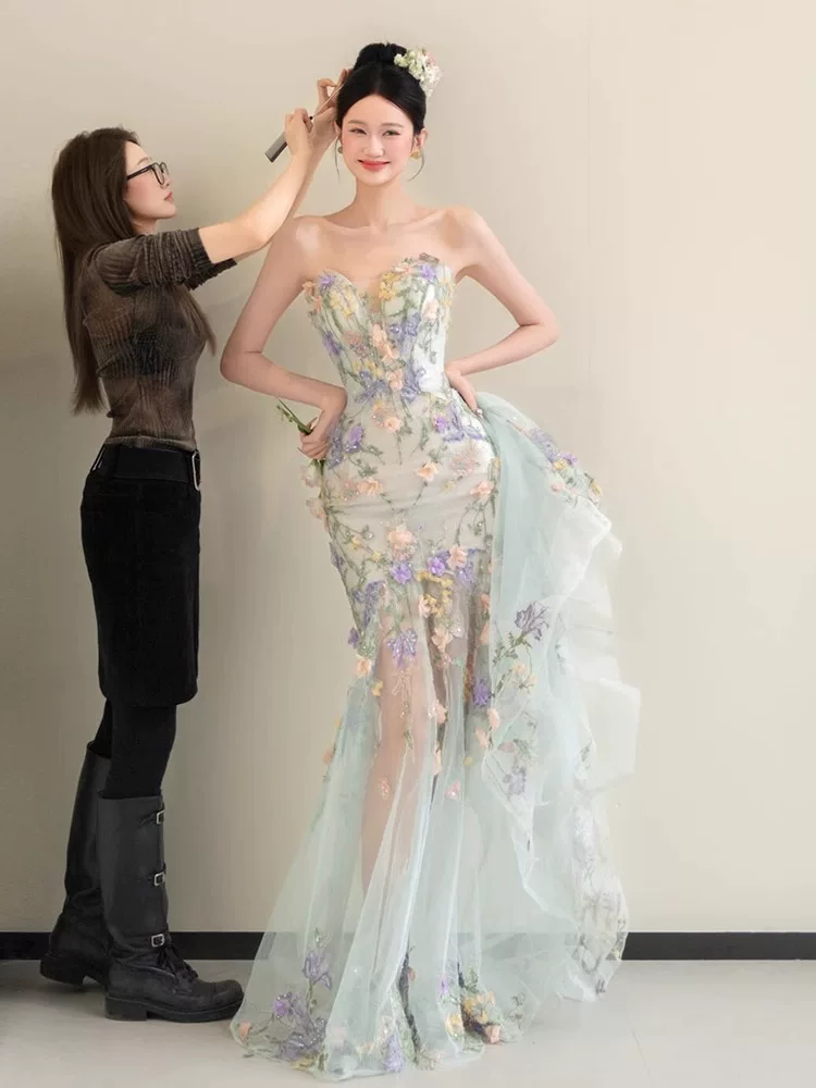 Prinzessin Meerjungfrauen-Abendkleid mit herzförmigem Ausschnitt, Spitze und Blumenmuster, langes Ballkleid, modische Ästhetik für Teenager, formelle Kleider, Party-Outfits, Ballkleid AB2221