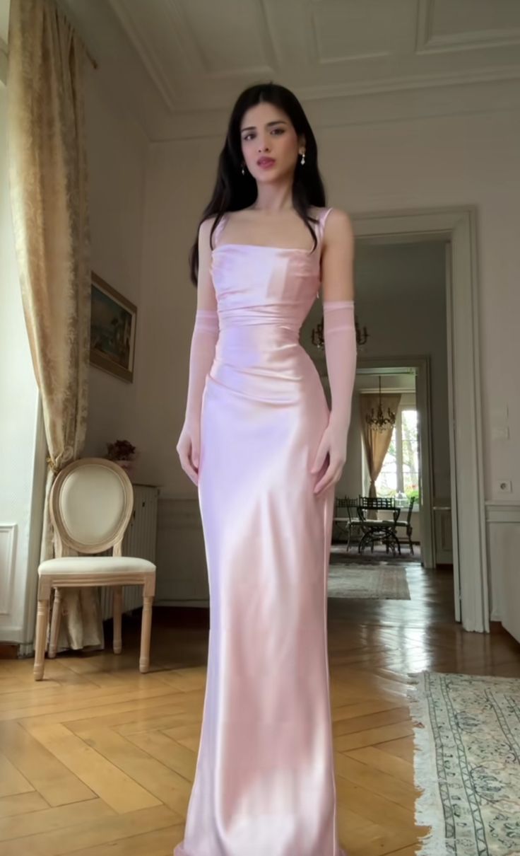 Modest Mermaid Spaghetti Strap Pink Satin Long Prom Dresses For Teens Formal Dress Party Outfits Prom Gowns With Gloves AC022