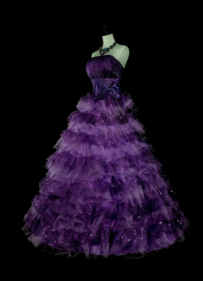 Robe de bal vintage bustier en tulle violet à volants, robe de quinceañera longue (taille 15) - N1496