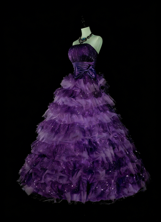 Vintage Ball Gown Strapless Purple Tulle Tiered Layers Sweet 16 Dresses Quinceanera Dress Long 15 Vestidos De Fiesta N1496
