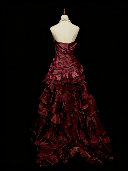 Jolie robe de soirée bustier bordeaux avec volants, longues robes de bal N2141