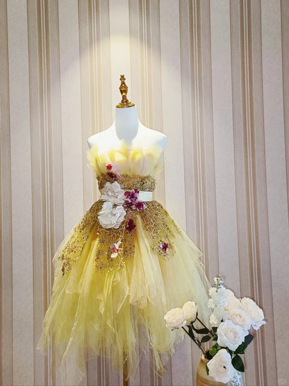 Mignonne Robe de Bal Courte en Tulle Jaune sans Bretelles, Robe de Soirée Cocktail, Robe de Rentrée N4195