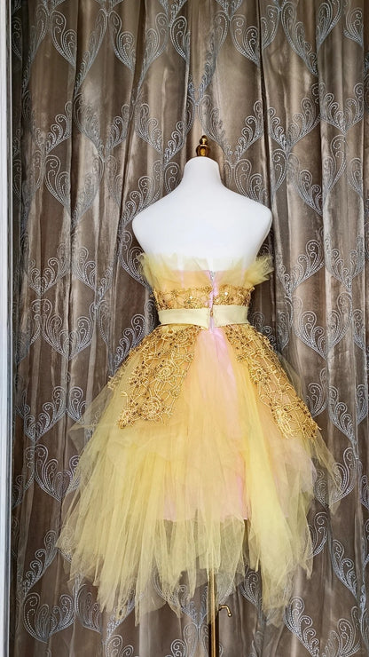 Mignonne Robe de Bal Courte en Tulle Jaune sans Bretelles, Robe de Soirée Cocktail, Robe de Rentrée N4195