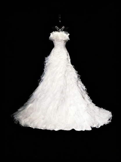 Robe de mariée vintage années 80, sirène, bustier, tulle blanc, fronces, longue, cintrée, N1208
