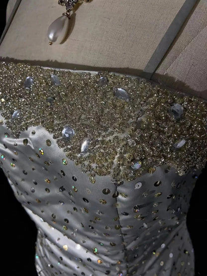 Classy Prom Dresses Inspiration Mermaid Spaghetti Strap Silver Gala Satin Beaded Vintage Formal Dress N3182