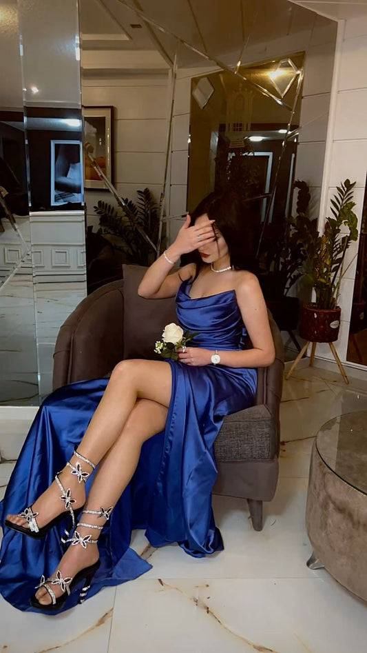 Robe de bal de fin d'année modeste pour lycéennes - Inspiration sirène, bustier, fente, bleu roi, robe longue semi-formelle pour adolescentes AB2136