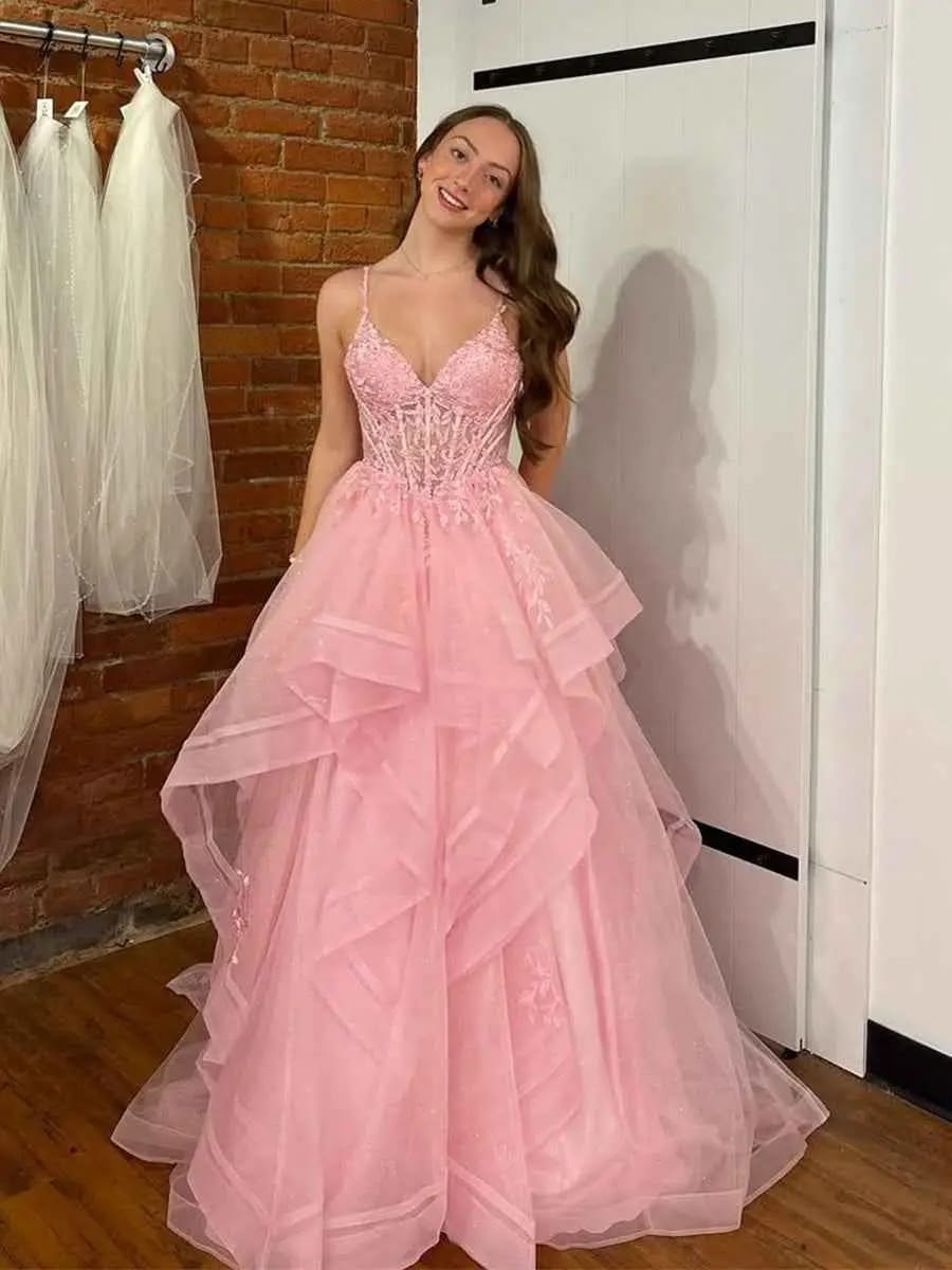 Pretty Ball Gown Spaghetti Straps Pink Tulle Long Prom Dresses With Appliques RC1334