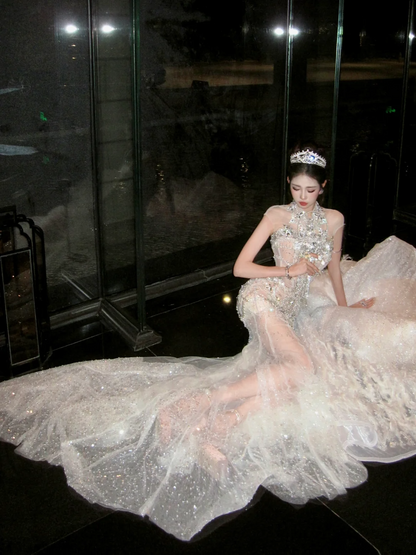 Robe de mariée sirène sexy à col montant et sequins argentés, ornée de perles, style conte de fées, référence N070