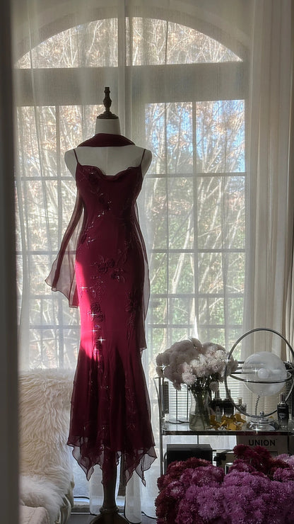Elegante Meerjungfrau Spaghettiträger Burgund Chiffon Ballkleider Inspiration Trendy Abendkleider Formelle Party Ballkleid B374