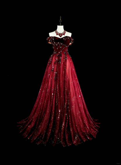Robe de bal longue bordeaux à épaules dénudées, coupe trapèze et paillettes, ornée d'appliqués, référence N1777