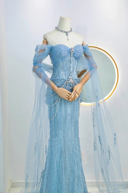 Robe de soirée longue sirène scintillante bleu à paillettes avec épaules dénudées, tenue d'anniversaire, robe de bal de promo N2842