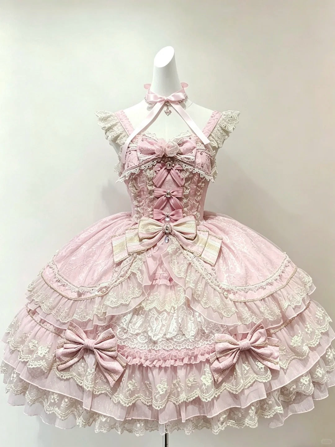 Cute Ball Gown Square Neck Lace Pink With Bow Tiered Layers Outfit Party Lolita Dresses Inspo Senior Birthday Homecoming Dress RB4801