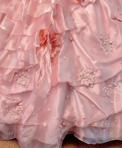 Pink 3D Floral Tiered Ruffled Tulle Ball Gown Quinceanera Dress, Sweet 15 Birthday Formal Dress RC0033