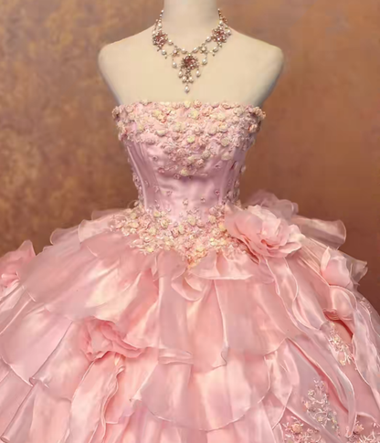 Pink 3D Floral Tiered Ruffled Tulle Ball Gown Quinceanera Dress, Sweet 15 Birthday Formal Dress RC0033