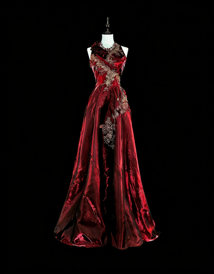 Vintage A-Linien-Abendkleid aus burgunderrotem Satin im Stil der 80er Jahre, formelles Geburtstagskleid, langes Ballkleid N1758