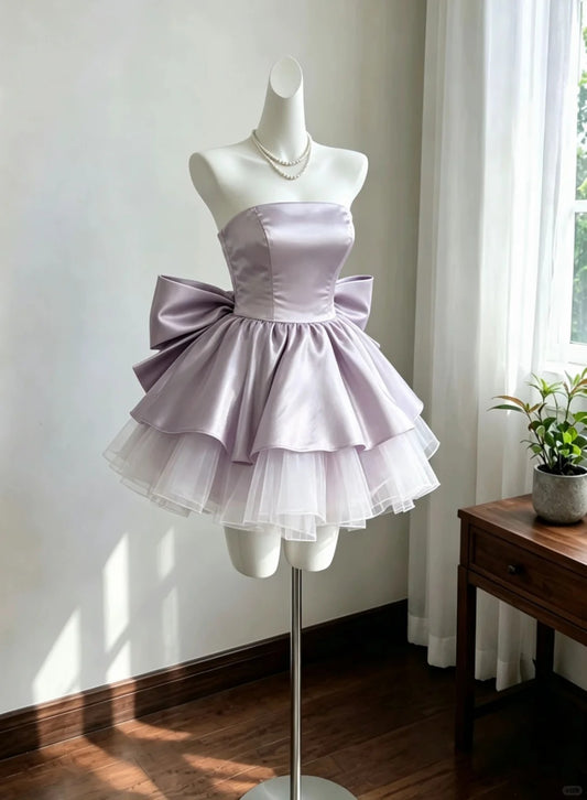 Pretty Ball Gown Strapless Lilac Satin Mini Short Cocktail Homecoming Dresses Ideas Hoco Outfits RB4925