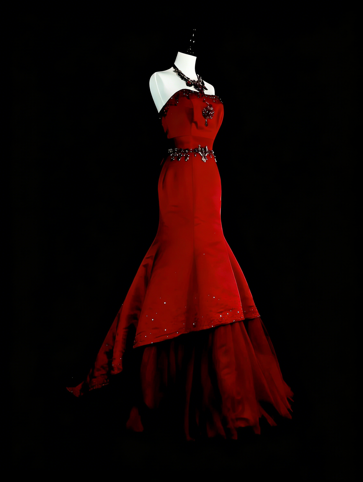 Vintage Abschlussballkleider Meerjungfrau Rot Trägerlos mit Perlenstickerei 1970er Lang Abendkleid N2699
