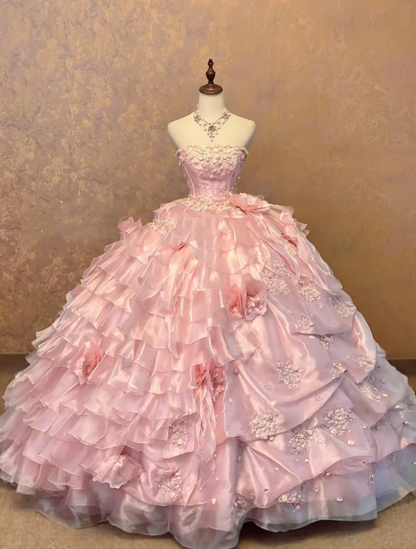 Pink 3D Floral Tiered Ruffled Tulle Ball Gown Quinceanera Dress, Sweet 15 Birthday Formal Dress RC0033
