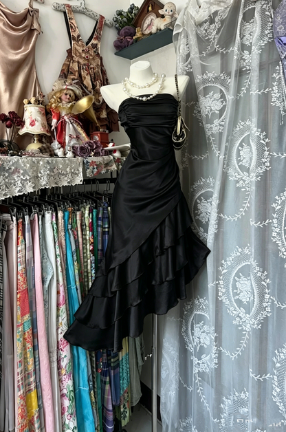 Robes de bal de fin d'année, robes de retour à la maison, tenues d'anniversaire mi-longues en satin couleur champagne sans bretelles style sirène vintage N3740