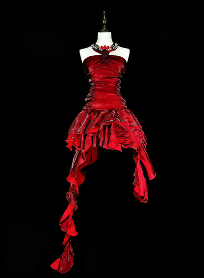 Robe de bal vintage bordeaux à dos nu et ourlet asymétrique, ornée de perles, longue, idéale pour les soirées et les fêtes (N1826)