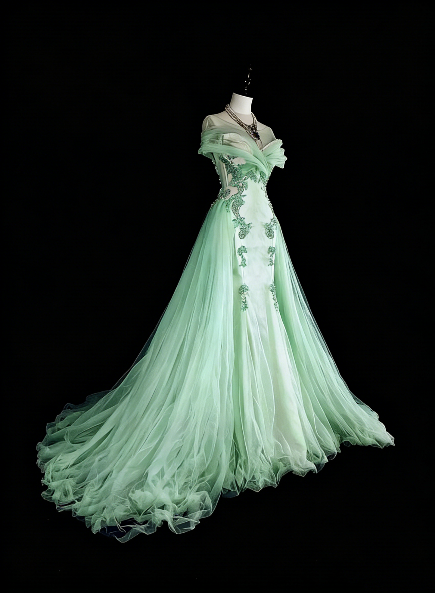 Robes de bal de rêve Vintage Années 80 Rétro Épaules dénudées Tulle Vert Menthe Dentelle Longues Tenues Formelles N2365