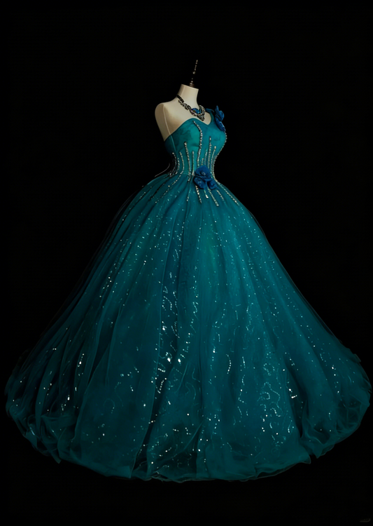 Vintage Ball Gown One Shoulder Blue Tulle Sweet 16 Dresses Quinceanera Dress Long 15 Vestidos De Fiesta N1481