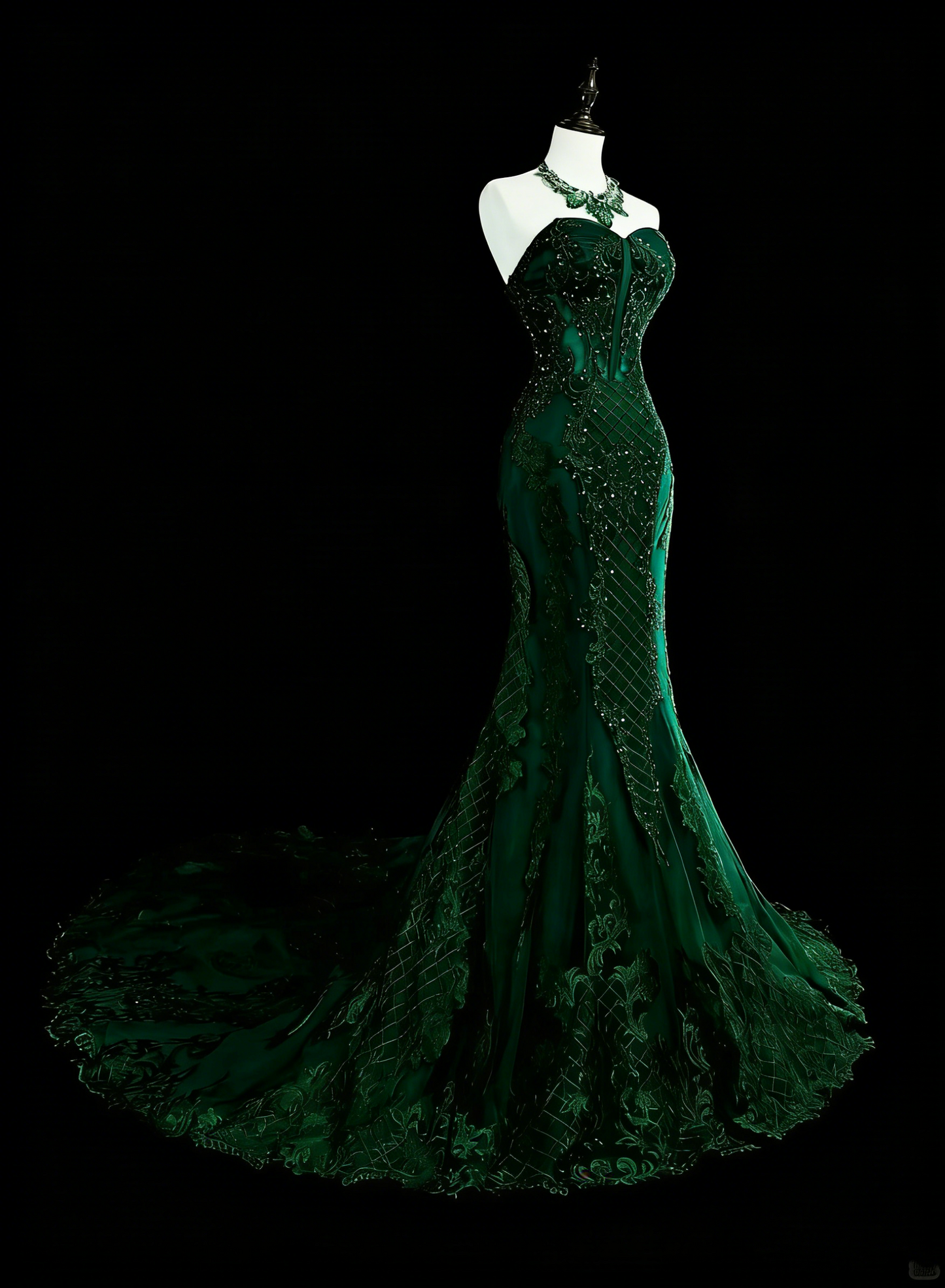 Vintage Meerjungfrauen-Abendkleid aus den 1960er Jahren, dunkelgrün mit Kristallverzierungen, ärmellos, lang, elegant, mit Herzausschnitt, N1593