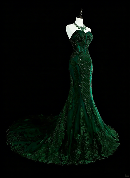 Vintage Meerjungfrauen-Abendkleid aus den 1960er Jahren, dunkelgrün mit Kristallverzierungen, ärmellos, lang, elegant, mit Herzausschnitt, N1593