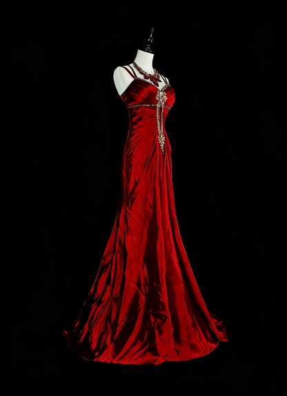 Vintage Ballkleider Ästhetik 1950er Jahre Retro Meerjungfrau Dunkelrot Rückenloses Langes Partykleid N2023