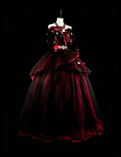 Robes de bal modestes Robe de bal bustier en tulle bordeaux avec applique longue robe de quinceañera N3066