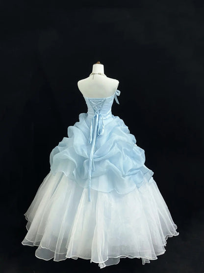 Light Blue Prom Dress Long Floor Length Ball Gown Strapless With Bow-knot Formal Evening Gown For Women RC0226