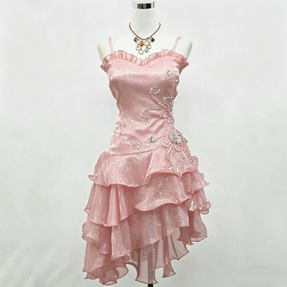 Robe de soirée courte à bretelles scintillante rose pailletée N3908