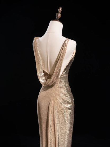 Robe de bal longue sirène à paillettes et col asymétrique, sequins, couleur champagne, inspiration tenue de soirée N228