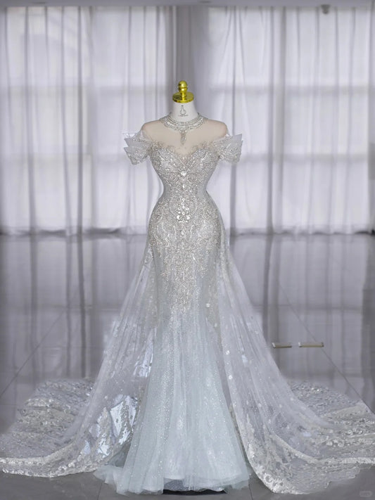 Robes de mariée modestes sirène épaules dénudées paillettes avec perles longue robe de mariée N2993