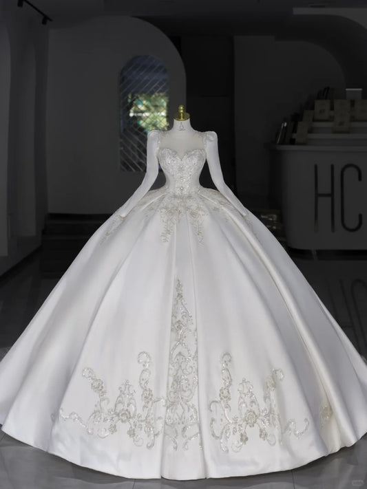 Robes de mariée intemporelles, robe de bal, bustier en satin blanc, manches longues avec applications, longue robe de mariée N2984