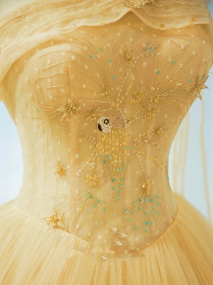 Belles robes de bal pour le bal Robe de bal à fines bretelles en tulle jaune avec perles, longue robe de soirée N2932