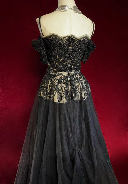 Retro Gown Prom Vintage Dresses Mermaid Spaghetti Strap Black Lace With Train Long 90s Formal Outfits N2325